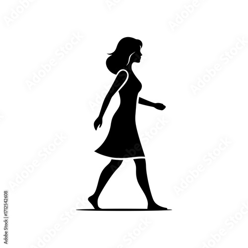 Elegant woman walking forward in a dress silhouette isolated on white background