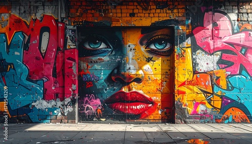 Vibrant graffiti mural of a face on a brick wall