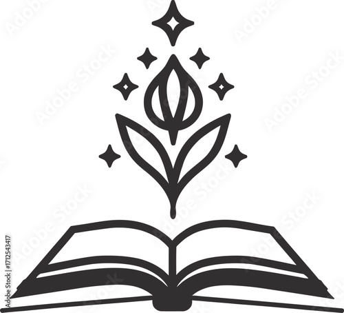 Abstract flower sprouting from open book, black and white creative sketch art