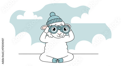 Curious Sheep Observes The World With Binoculars And A Warm Winter Hat On