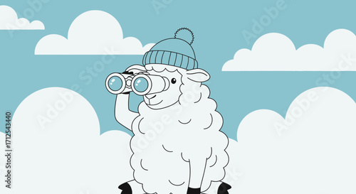 Curious Sheep Observes with Binoculars Amidst Clouds, Seeking Discovery and Exploration