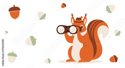 Curious Squirrel Admiring Acorns With Binoculars, Observing Wildlife and Nature