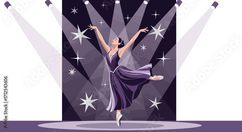 Elegant Ballet Dancer Performing Under The Spotlight On Violet And White Background