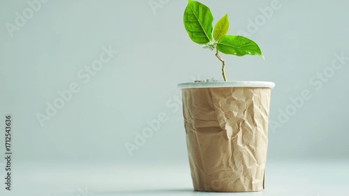 A paper cup with a small plant sprouting from the rim