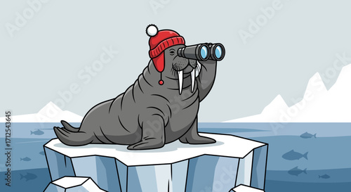 Curious Walrus Wearing Festive Hat Observes the Ocean with Binoculars on Iceberg