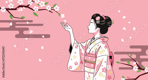 Elegant Japanese Woman in Traditional Attire Contemplating Falling Cherry Blossom Petals
