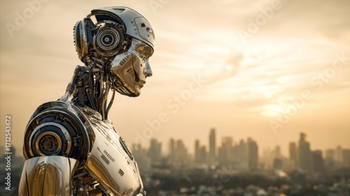 Futuristic Humanoid Robot with Metallic Body Standing in Cityscape at Sunset