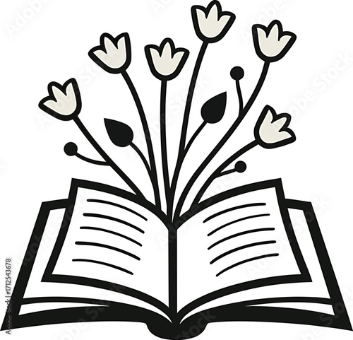 Tulip flowers sprouting from open book, creative floral education concept line art