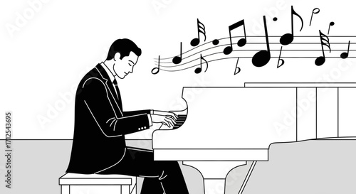 Elegant Musician at the Piano Performing a Delightful Melody with Musical Notes Flowing