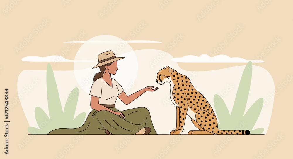 Obraz premium Elegant Woman Interacts Gracefully With A Stunning Cheetah In A Serene Wild Habitat