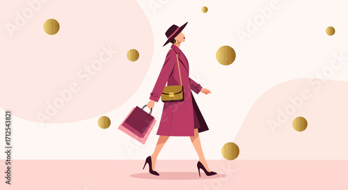 Elegant Woman In Walking Fashion Holding Shopping Bags With Stylish Outfit and Accessories