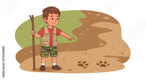 Curious Young Explorer Following A Trail Through Nature, Discovering Footprints