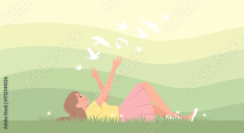 Embracing Serenity: A Woman's Joyful Moment Surrounded By Joyful Soaring Doves