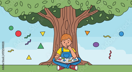 Curious Youngster Contemplating Pictures Beneath a Shady Tree on a Sunny Day