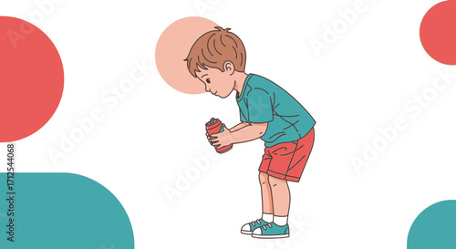 Curious Youngster Examining Red Item In Hand Against A Simple Geometric Background