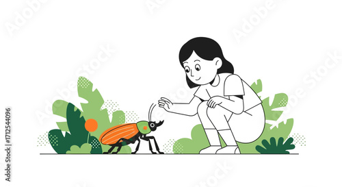 Curious Youngster Interacting With a Large Bug in a Botanical Setting Illustration