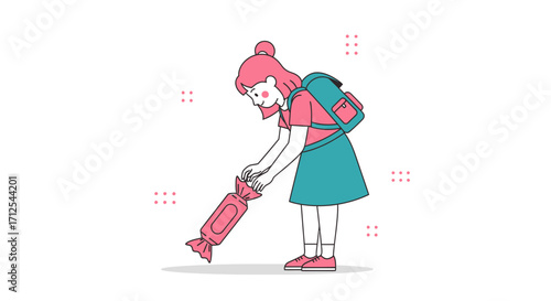 Cute Illustrated Girl Opening a Candy Wrapper with a Backpack After School