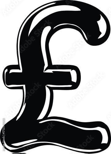 Glossy Pound Sterling Symbol Illustration — Black Cartoon-Style Design Featuring Curved, Three-Dimensional “£” Icon with Highlights for Currency, Finance, and Economic Branding Themes