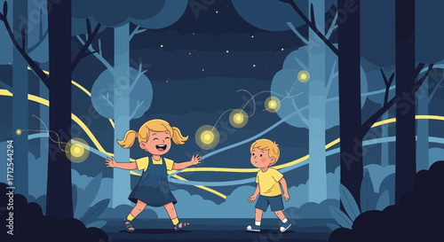 Enchanting Forest Journey: Curious Children Explore Magical Firefly Trails Under The Stars