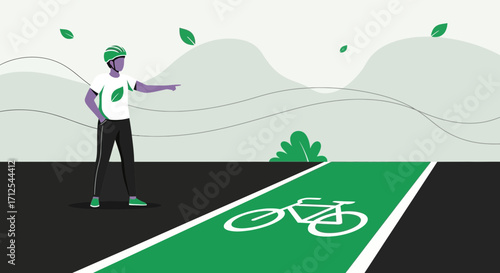 Cyclist Guiding The Way On A Green Bike Lane, Promoting Environmental and Human Wellness