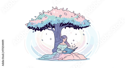 Enchanting Woman Reading Under a Pastel Tree, Embracing Tranquility and Enlightenment