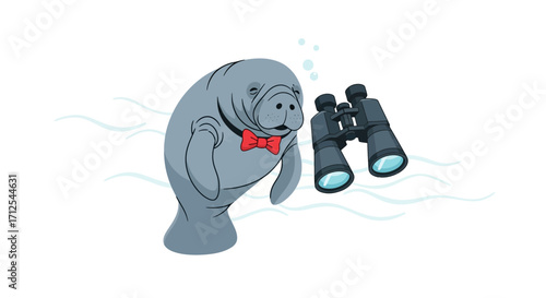 Dapper Manatee With Bowtie Observes the World Through Binoculars for Exploration Fun