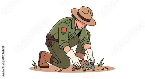 Dedicated Field Worker Caring For An Adorable Tortoise In Its Habitat