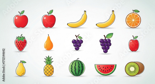 A colorful assortment of fresh fruits, including apples, bananas, oranges, strawberries, pears, grapes, pineapples, watermelons, and kiwis