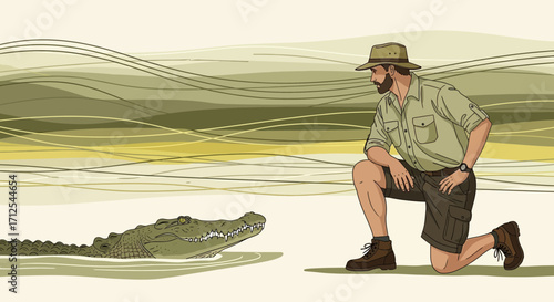 Encounter Between Zoologist And Alligator In Wild, Unique Conservation Artwork Depiction
