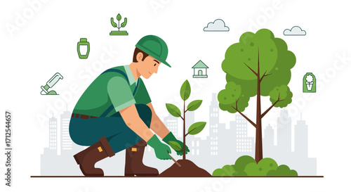 Dedicated Gardener Planting Sapling Near Cityscape Representing Urban Environmentalism