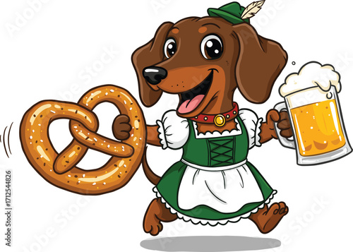 Cute dachshund in traditional Bavarian dress holding beer and pretzel, Oktoberfest celebration, German culture, funny dog illustration, vector cartoon