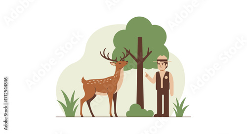 Deer And Park Ranger Engage Under Tree In A Scenic Flat Illustration Nature Scene