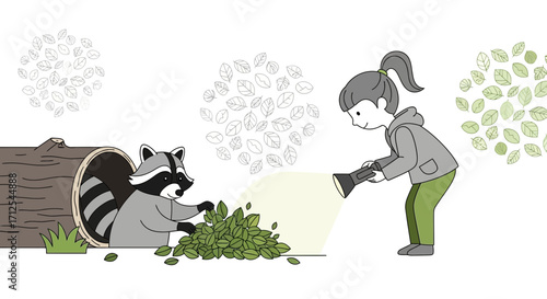 Encountering Nature: A Person Illuminates a Raccoon's Forage with Flashlight's Light
