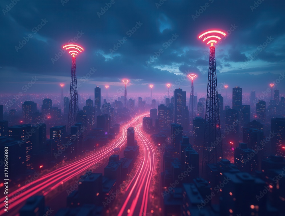 Fototapeta premium Cityscape with network connectivity and data speed