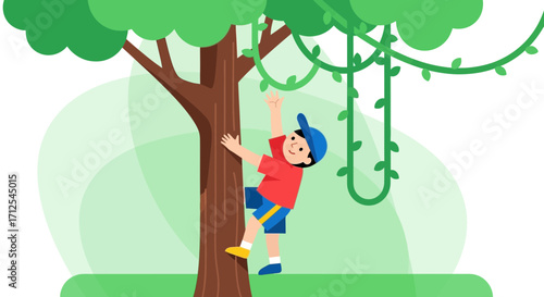 Energetic Child Climbing A Tree With Vines In An Illustrated Nature Scene