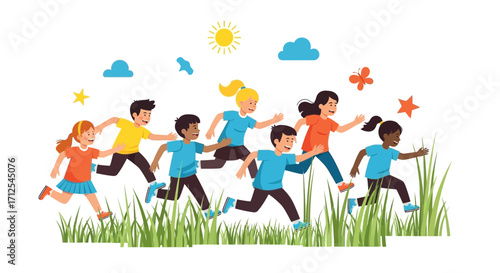 Energetic Children Sprinting Across Green Landscape, Celebrating Joyful Summer Moments