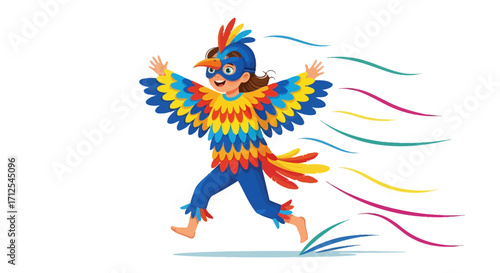 Delighted Child in Elaborate Bird Costume Enjoys Playful Flight and Spirited Adventure
