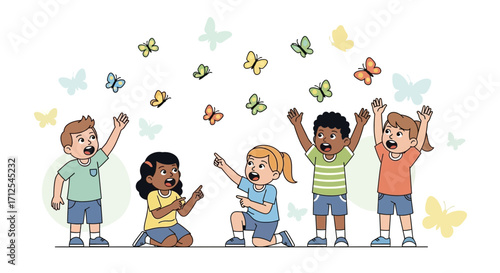 Delighted Children Gazing Upward at Graceful Butterflies Fluttering in the Air