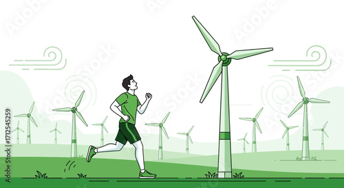 Energetic Runner Exercising Near Eco-Friendly Wind Turbines Generating Clean Energy, New Concept