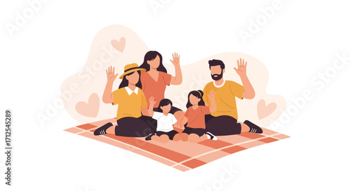 Delighted Family Joyfully Waving Hands on Picnic Blanket For A Fun Sunny Day