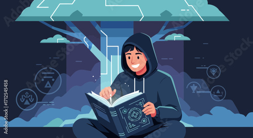 Enigmatic Figure Immersed In Digital Knowledge Unveiling The Secrets Under A Cybernetic Canopy