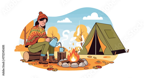 Enjoying Cozy Camping: Relaxing By The Fire With Hot Drink Surrounded By Autumn Foliage