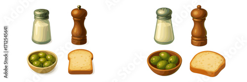 Gathering of condiments and snacks with salt, pepper, olives, and bread on a table for a casual meal
