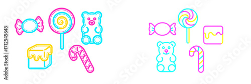 Bright and colorful candy illustrations featuring lollipops, gummy bears, and sweet treats in various shapes and sizes