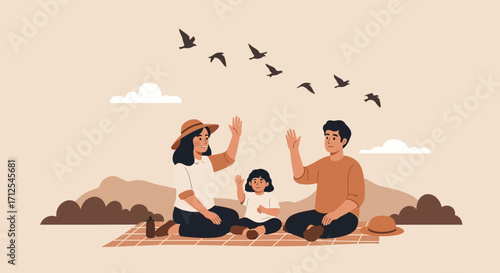 Delightful Family Outing With Birds, A Scenic Picnic Embracing Happy Moments Together Perfectly