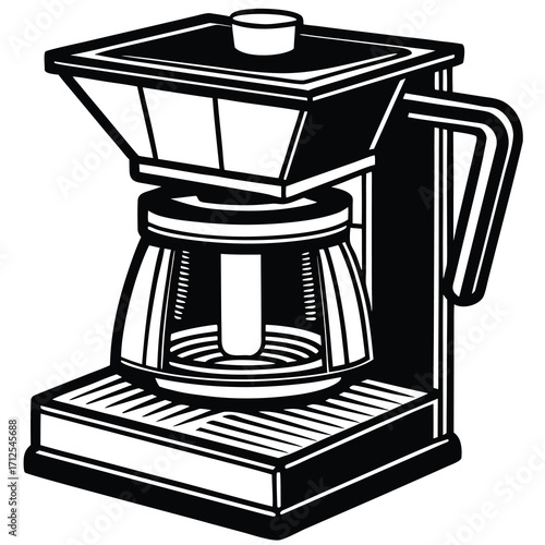 Modern vector illustration of a sleek coffee maker machine with brewing elements and steam