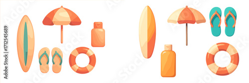 Yellow and orange beach accessories with surfboard, umbrella, and float for summer fun at the beach