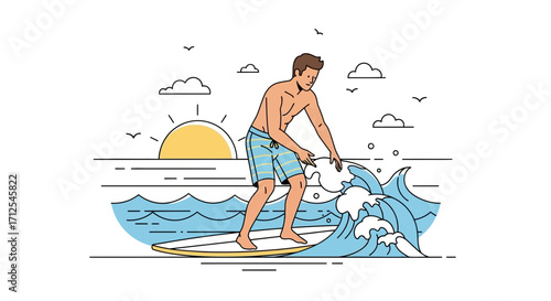 Enjoying Sun And Surfing Waves: A Minimalistic Illustration Of Summer Beach Fun