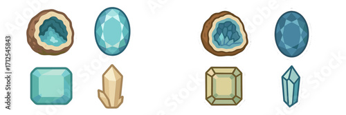 Assortment of vibrant faceted gemstones, precious jewels, and natural mineral geodes with sparkling crystals
