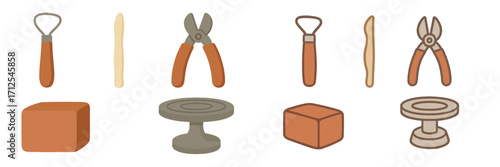 Different types of pottery tools and equipment displayed in a simple arrangement for ceramic artists and hobbyists